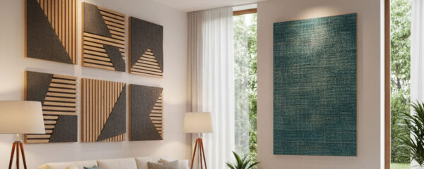 Salon d'un particulier avec des panneaux acoustiques personnalisés arrochés au mur