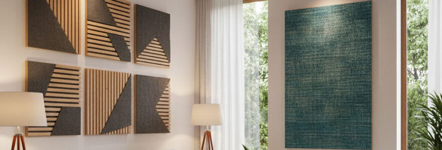 Salon d'un particulier avec des panneaux acoustiques personnalisés arrochés au mur