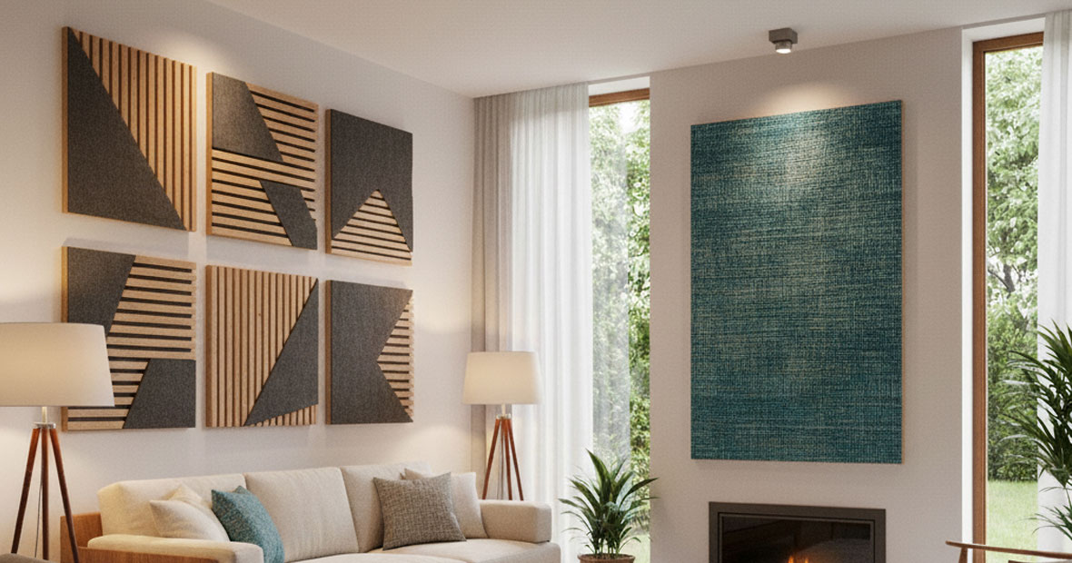 Salon d'un particulier avec des panneaux acoustiques personnalisés arrochés au mur