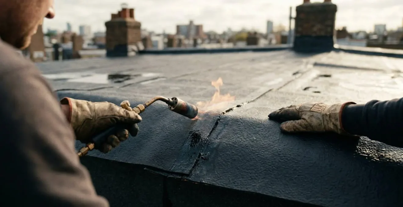 Mains d'un couvreur tenant un chalumeau au-dessus d'une membrane noire, flamme visible, vue par-dessus l'épaule