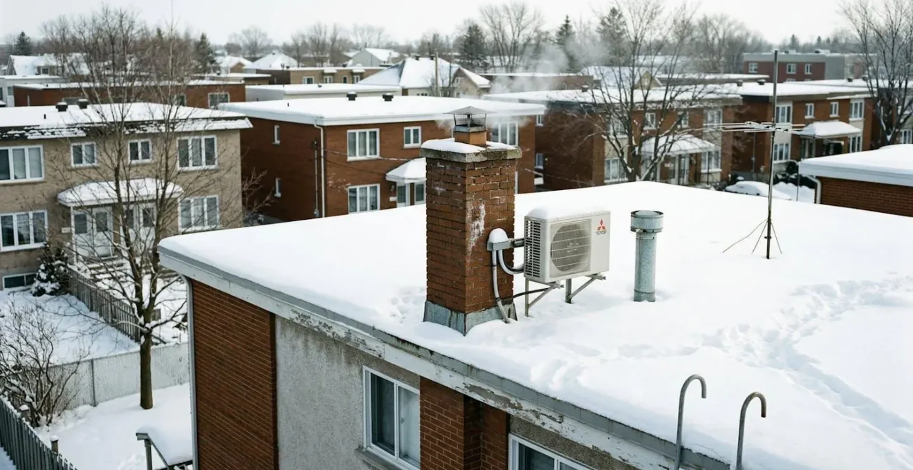 Toiture plate résidentielle couverte de neige au Québec, cheminée visible, ciel d'hiver lumineux