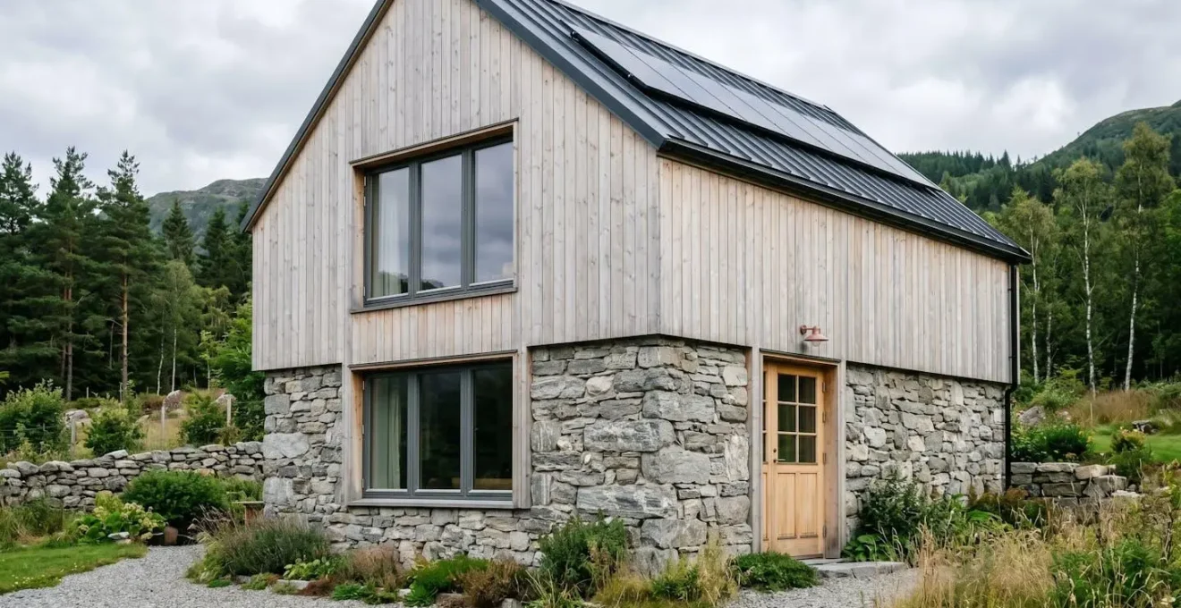 Façade de maison en meulière avec isolation thermique par l'extérieur parfaitement intégrée