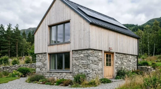 Façade de maison en meulière avec isolation thermique par l'extérieur parfaitement intégrée