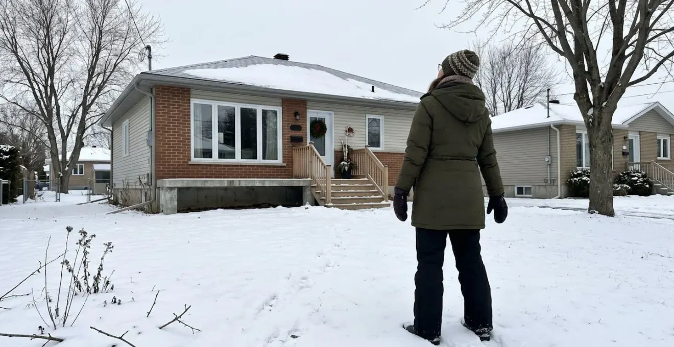 Propriétaire en manteau d'hiver observant sa toiture depuis sa cour enneigée par une journée d'hiver nuageuse typique du Québec