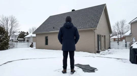 Propriétaire en manteau d'hiver observant sa toiture depuis sa cour enneigée par une journée d'hiver nuageuse typique du Québec