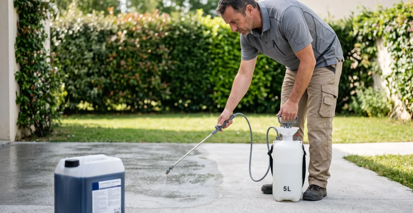 Artisan en tenue de travail appliquant un traitement hydrofuge avec pulvérisateur professionnel sur une terrasse en béton poli gris, montrant le contraste entre zone traitée et non traitée