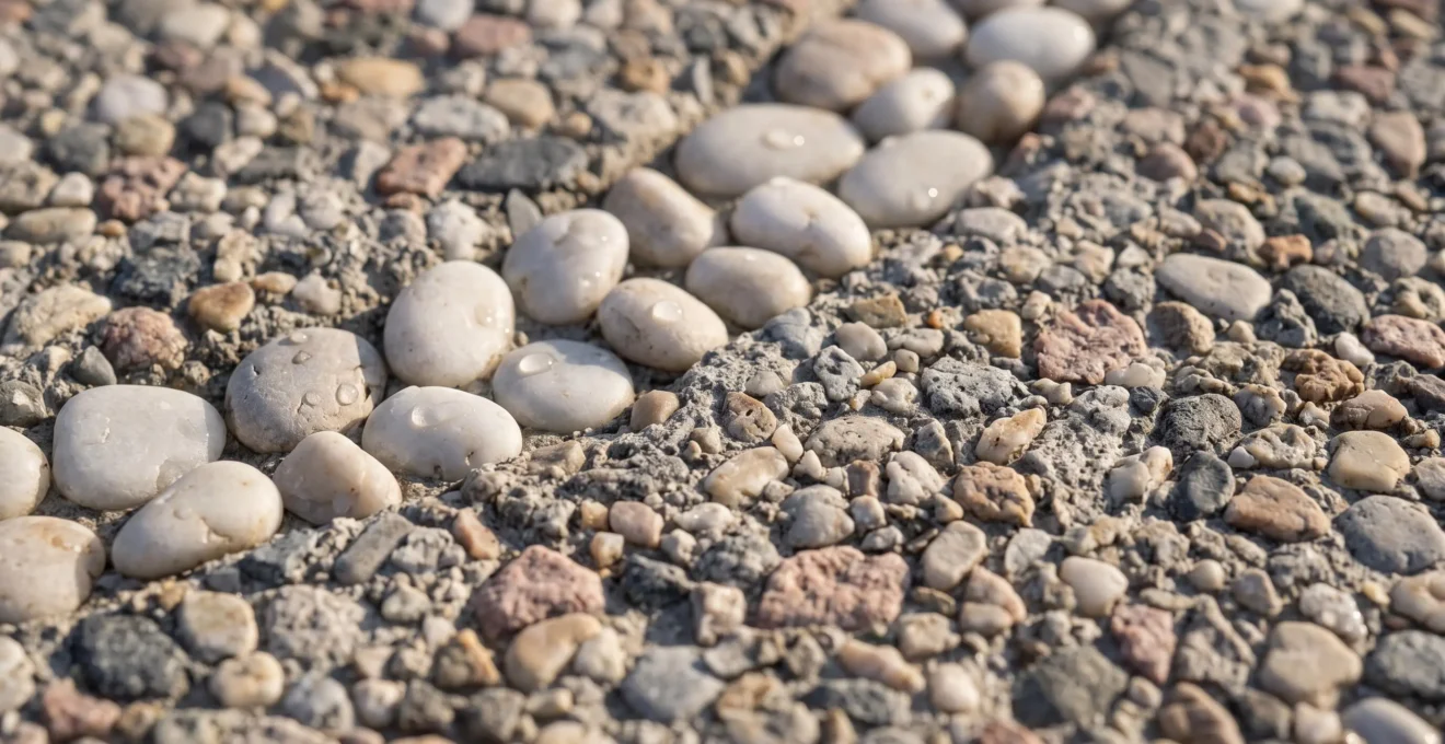 Gros plan macro sur béton désactivé avec incrustation de galets blancs polis traversant la surface en diagonale, révélant la texture des granulats gris et beige avec gouttes de rosée