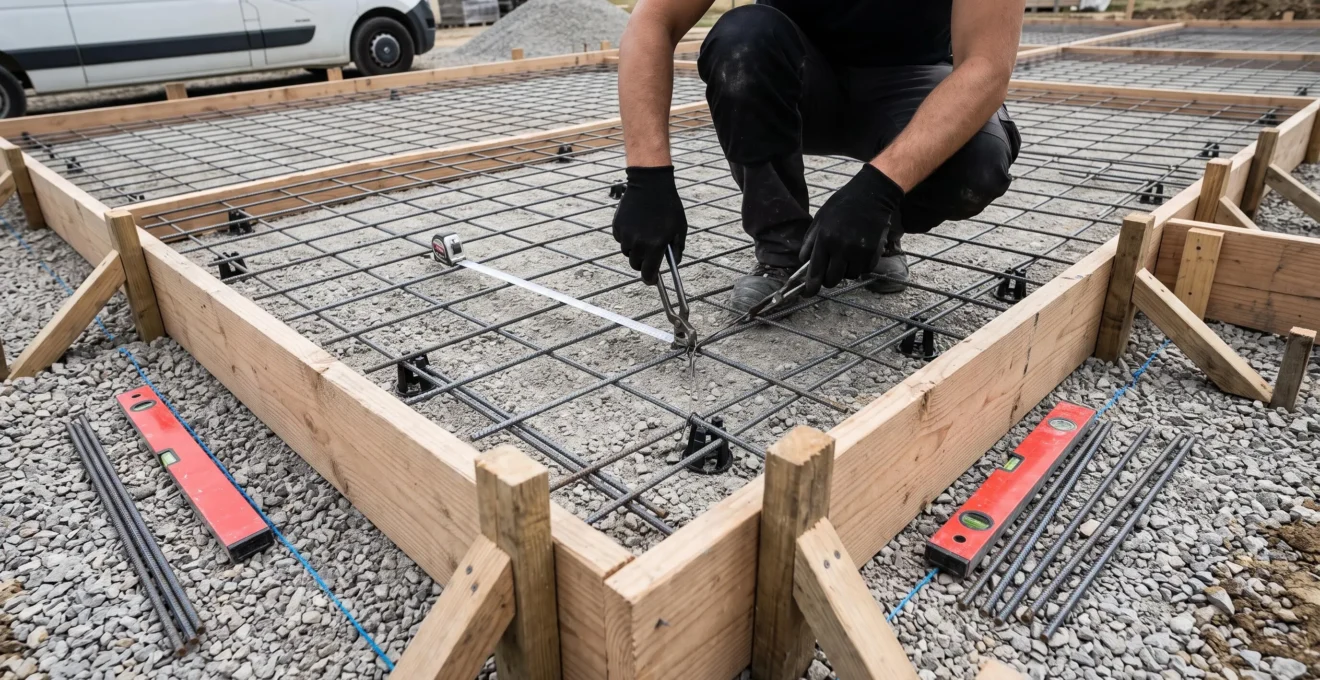 Ferraillage en treillis métallique soudé posé sur cales avant coulage d'une dalle béton, avec mains gantées d'un professionnel ajustant l'armature sur un chantier résidentiel