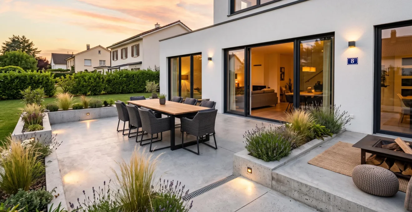 Terrasse moderne en béton poli gris clair aménagée avec mobilier design, jardinières intégrées et éclairage LED, prolongeant une maison contemporaine dans un jardin résidentiel français photographié au coucher du soleil