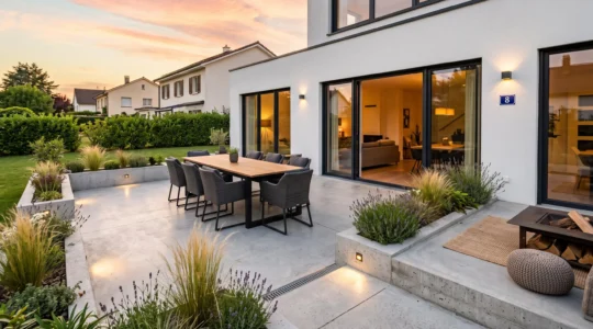 Terrasse moderne en béton poli gris clair aménagée avec mobilier design, jardinières intégrées et éclairage LED, prolongeant une maison contemporaine dans un jardin résidentiel français photographié au coucher du soleil