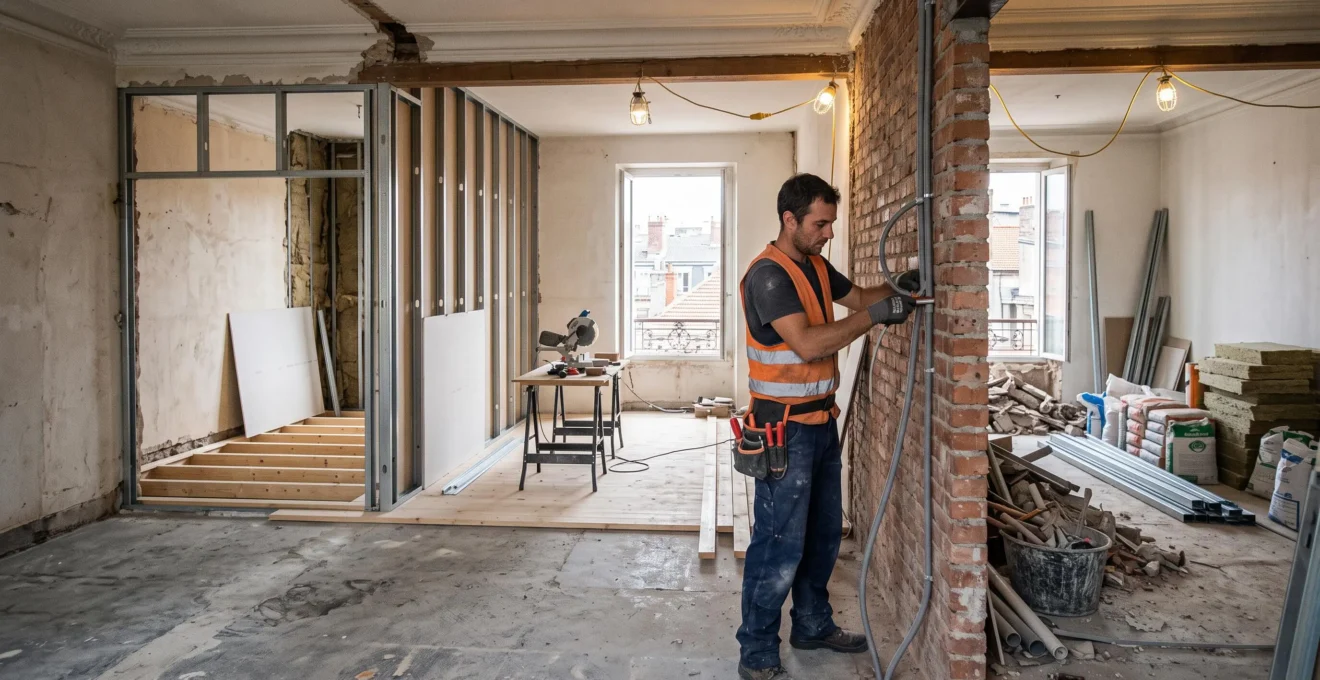 Chantier de rénovation d'appartement en cours montrant un électricien installant des conduits sur murs en briques apparentes