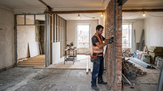 Chantier de rénovation d'appartement en cours montrant un électricien installant des conduits sur murs en briques apparentes