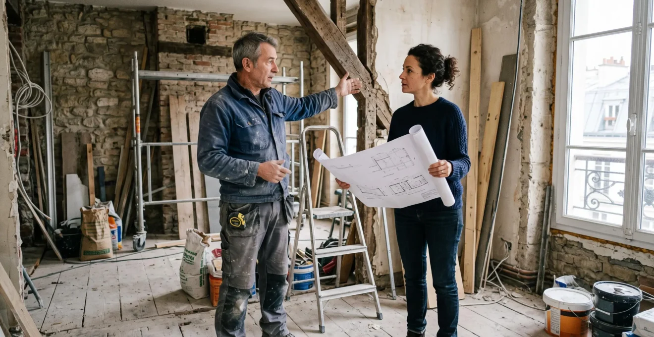 Propriétaire et artisan discutant l'avancement des travaux de rénovation sur le chantier avec plans architecturaux