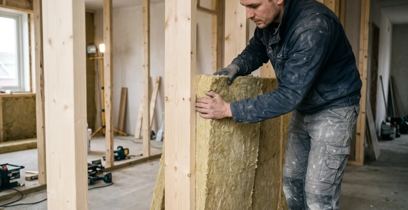 Artisan installant des panneaux d'isolation en laine minérale entre les montants d'une cloison en bois